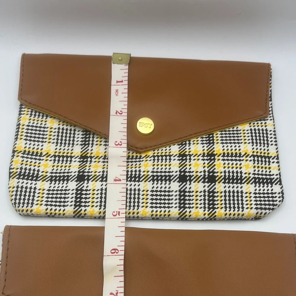 2 Ipsy Cosmetic Pouches in Brown and Yellow Plaid